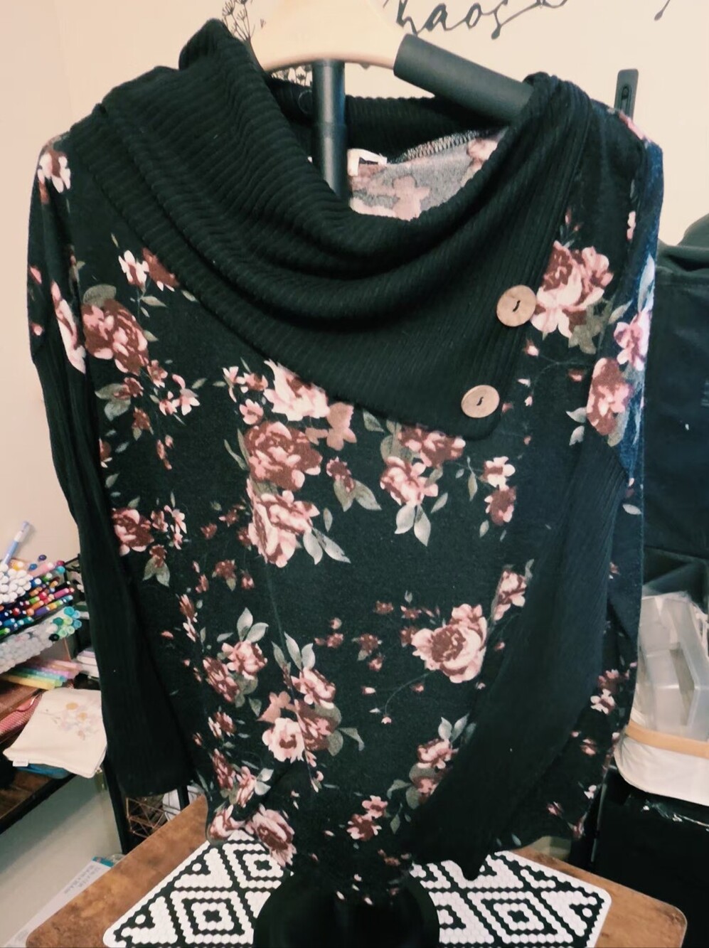 Warehouse One Black Floral Cowl Neck Button Sweater